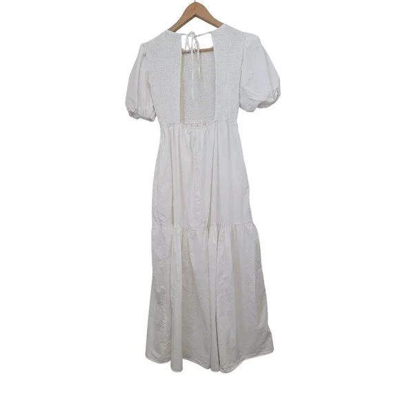 UO EN SAISON MARA White Midi Tiered Smocked Puff Sleeve Dress Women's Sz M - Picture 2 of 11